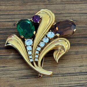 Carolee Gold Brooch with Green and Purple Accents
